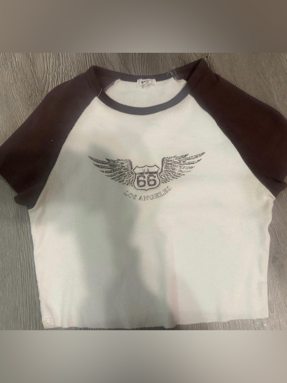 Womens Raglan Tee with Route 66 Wing Graphic - White & Brown
